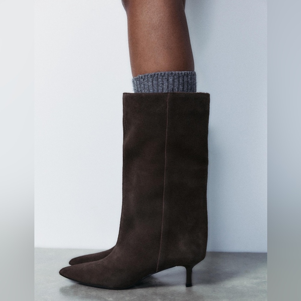 Zara wide leg split suede brown mid calf boots 39